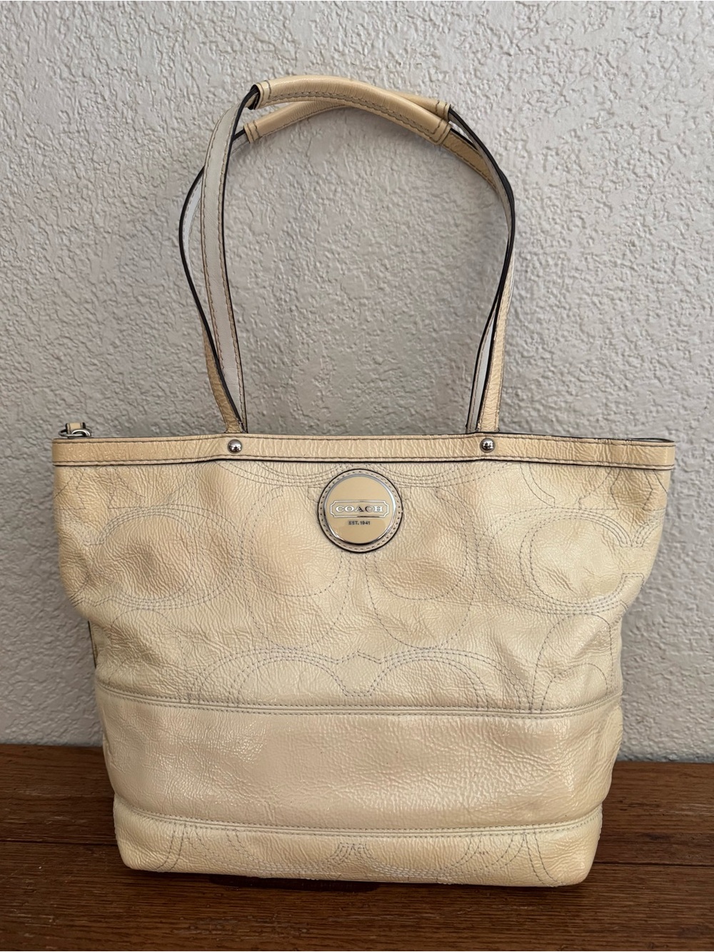 Vtg Y2K Coach Cream Yellow Signature Embossed Pebbled Leather Tote Shoulder Bag